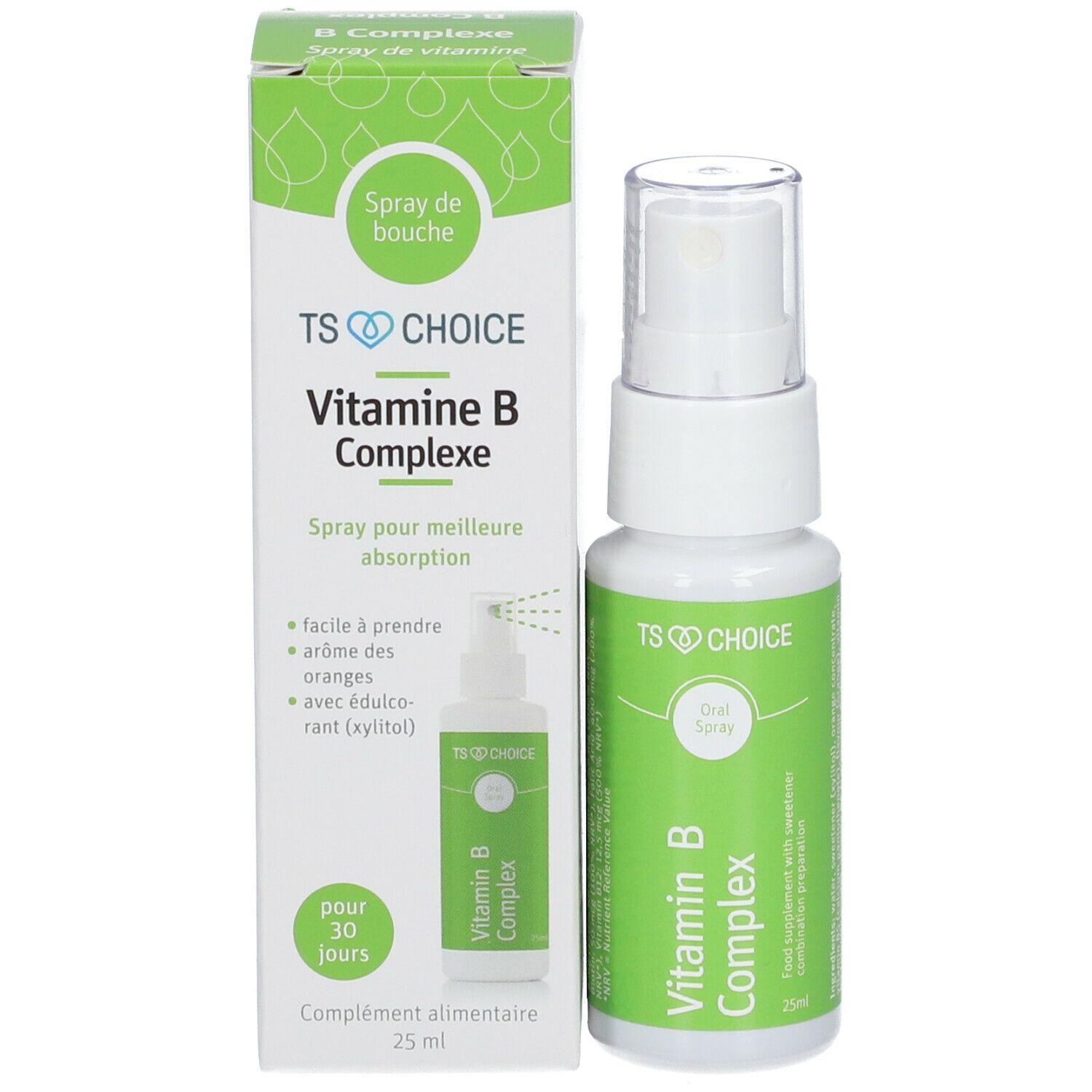 Vitamine B-complex spray en verpakking. Witte fles en groene doos. Bevat productnaam en informatie.