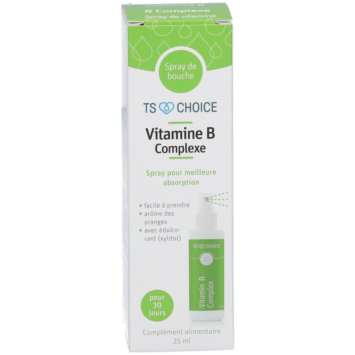 Vitamine B-complex spray en verpakking. Groene doos met witte fles. Toont productnaam en informatie.