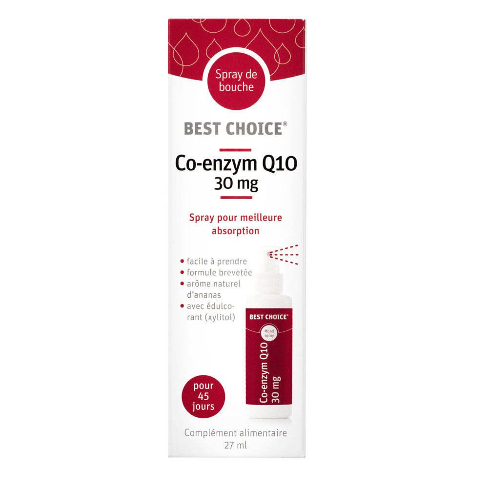 Best Choice® Co-Enzym Q10 30 mg mondspray. Witte fles met rode label. Bevat 27 ml. Met spraykop.