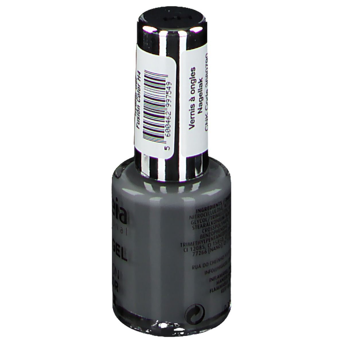 Flacon de vernis à ongles Andreia Hybridgel gris. Inscription: Hybridgel Fusion Color H4. Ingrédients au dos.