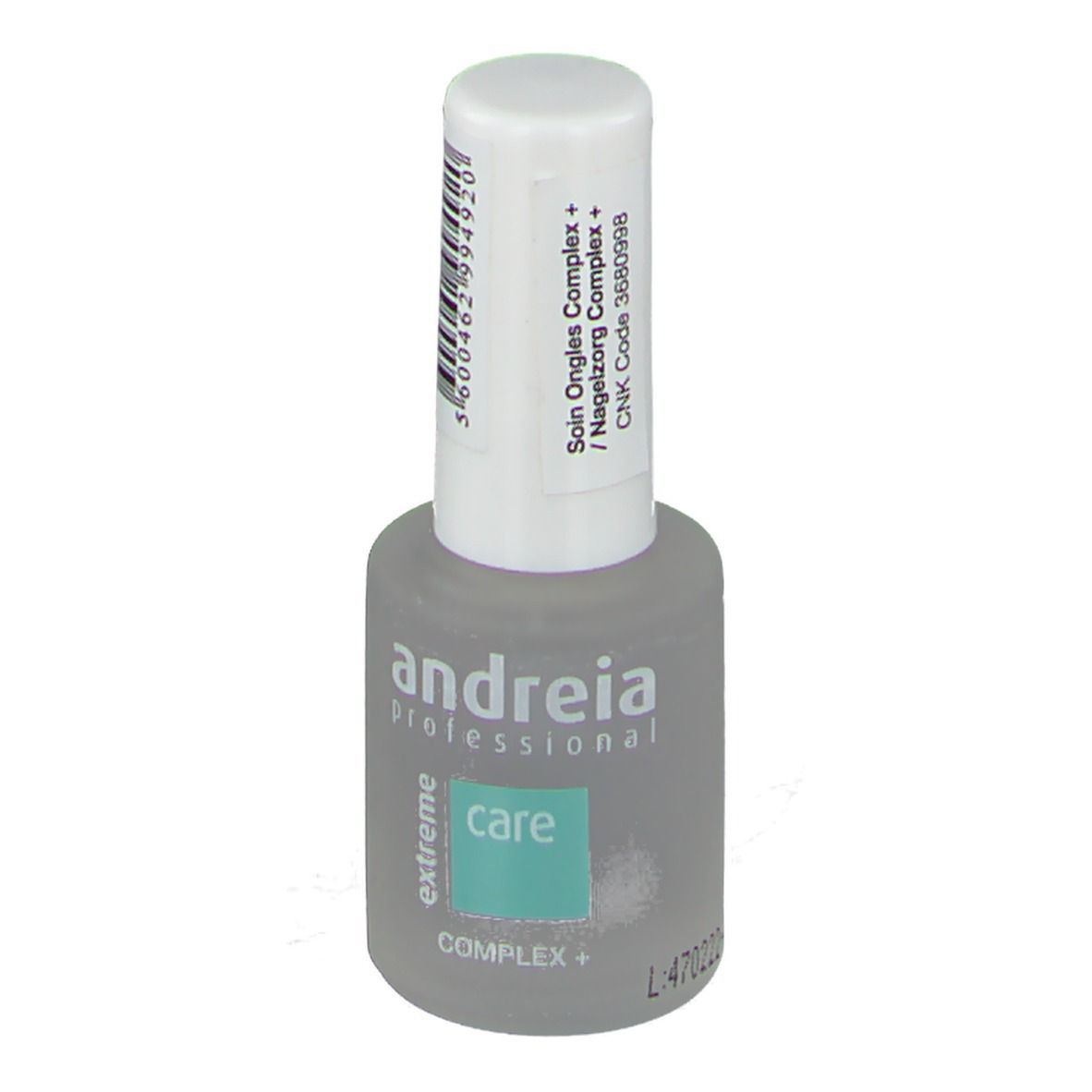 Nagelverzorgingsfles met witte dop en barcode. Opschrift: Andreia Professional, care, Complex+.