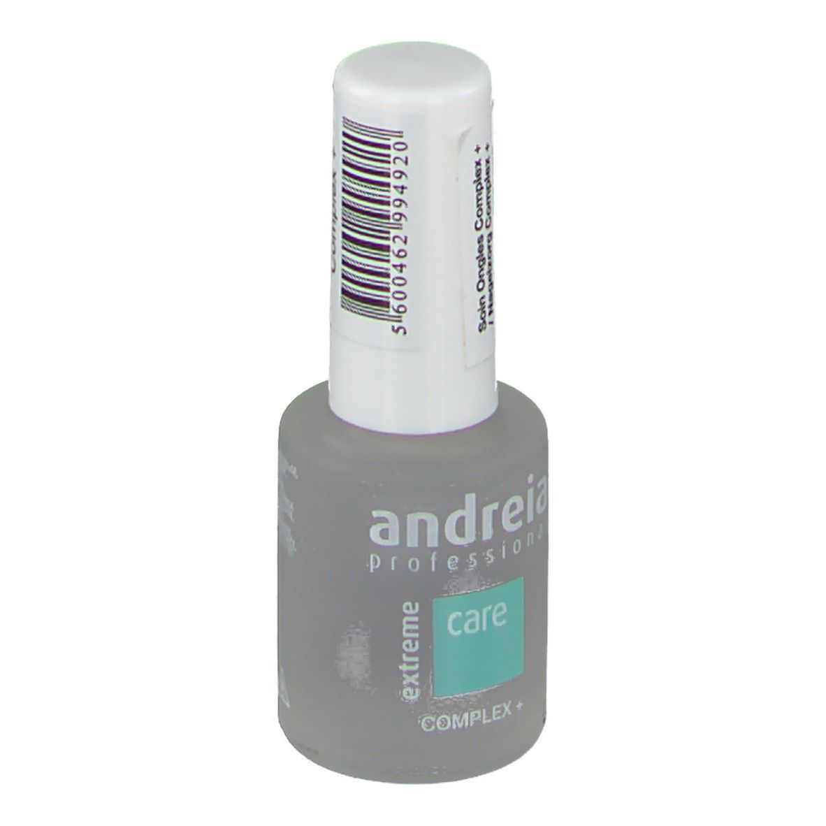 Nagelverzorgingsfles met witte dop en barcode. Opschrift: Andreia Professional, care, Complex+.