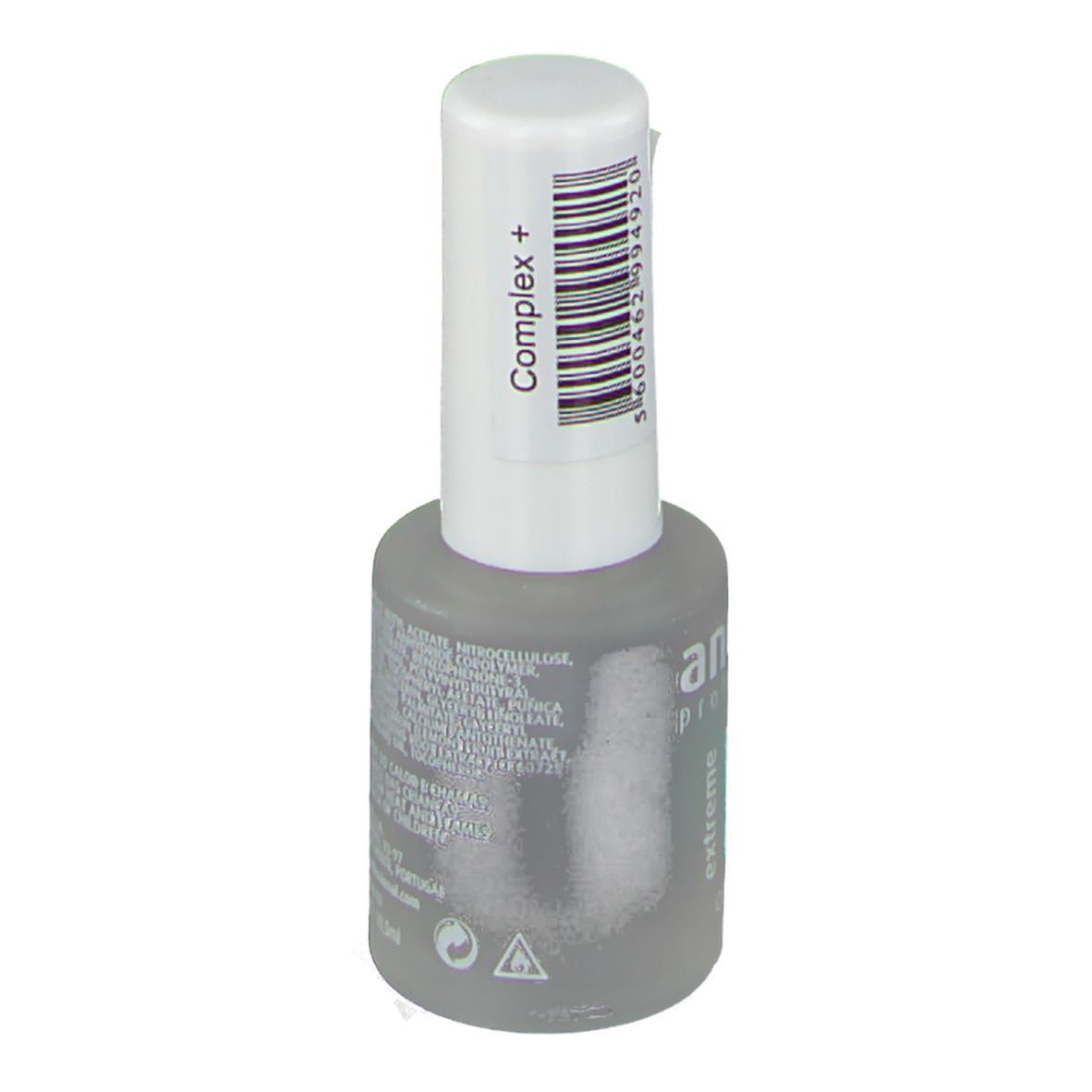 Nagelverzorgingsfles met witte dop en barcode. Opschrift: Andreia Professional, extreme, Complex+.