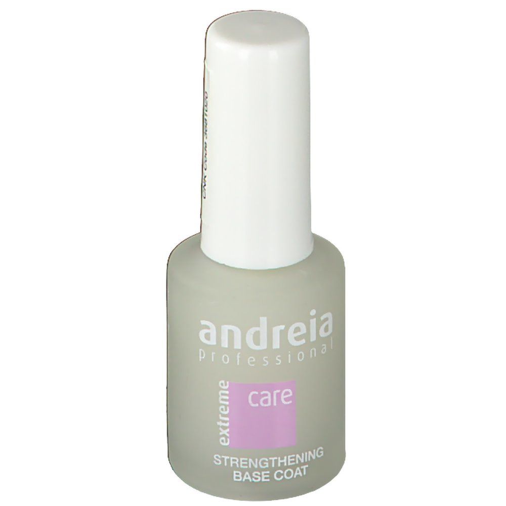 Flacon Andreia Professional Base Coat. Bouchon blanc, flacon gris avec étiquette rose. Texte: extreme care, Strengthening Base Coat.