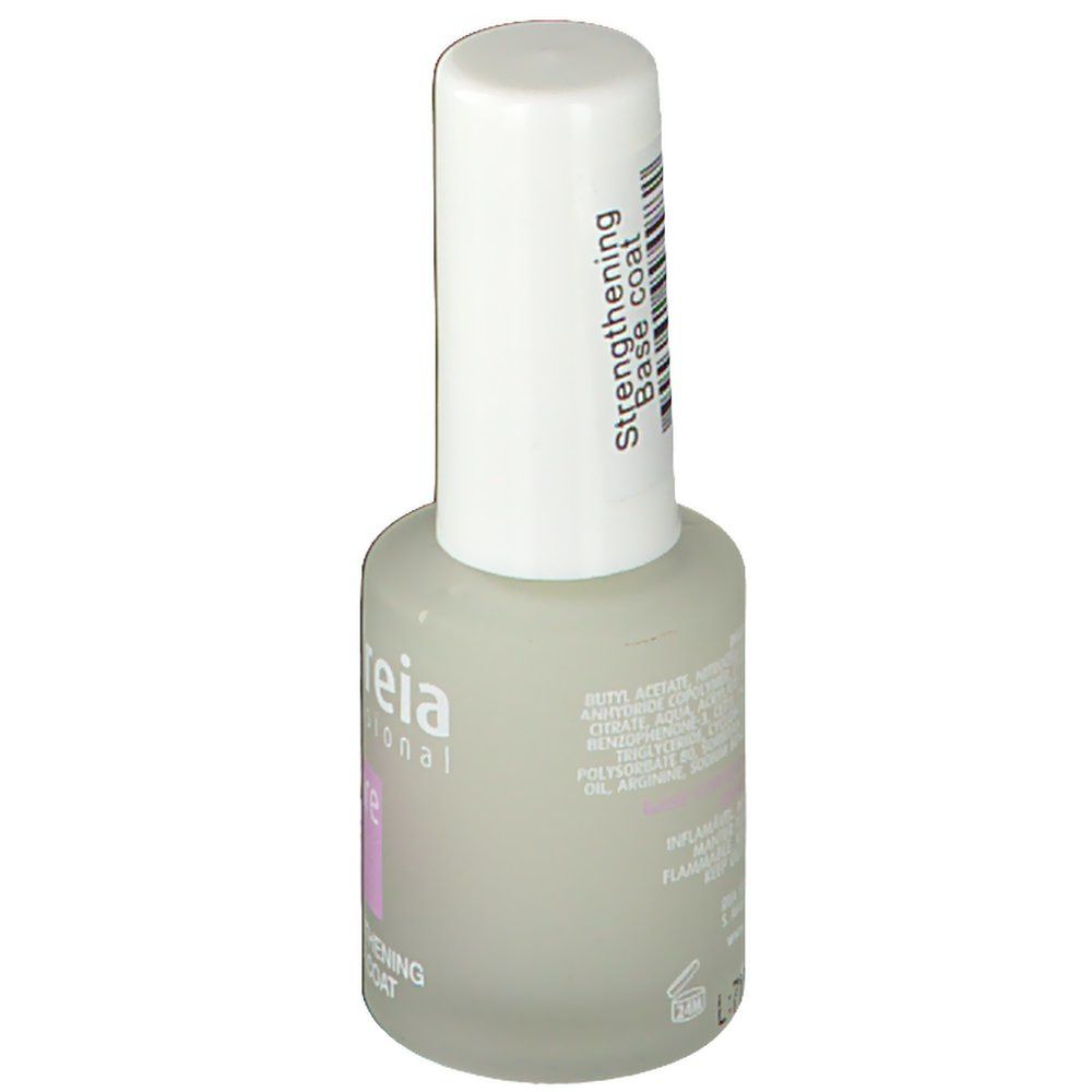 Flacon Andreia Professional Base Coat. Dos avec ingrédients et texte. Bouchon blanc avec code-barres et texte: Strengthening Base coat.