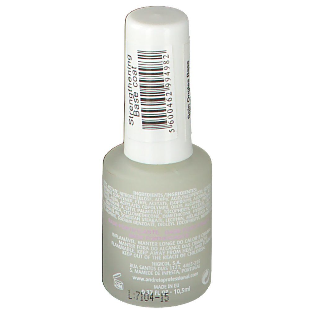 Flacon Andreia Professional Base Coat. Dos avec ingrédients et texte. Bouchon blanc avec code-barres et texte. 10,5 ml.