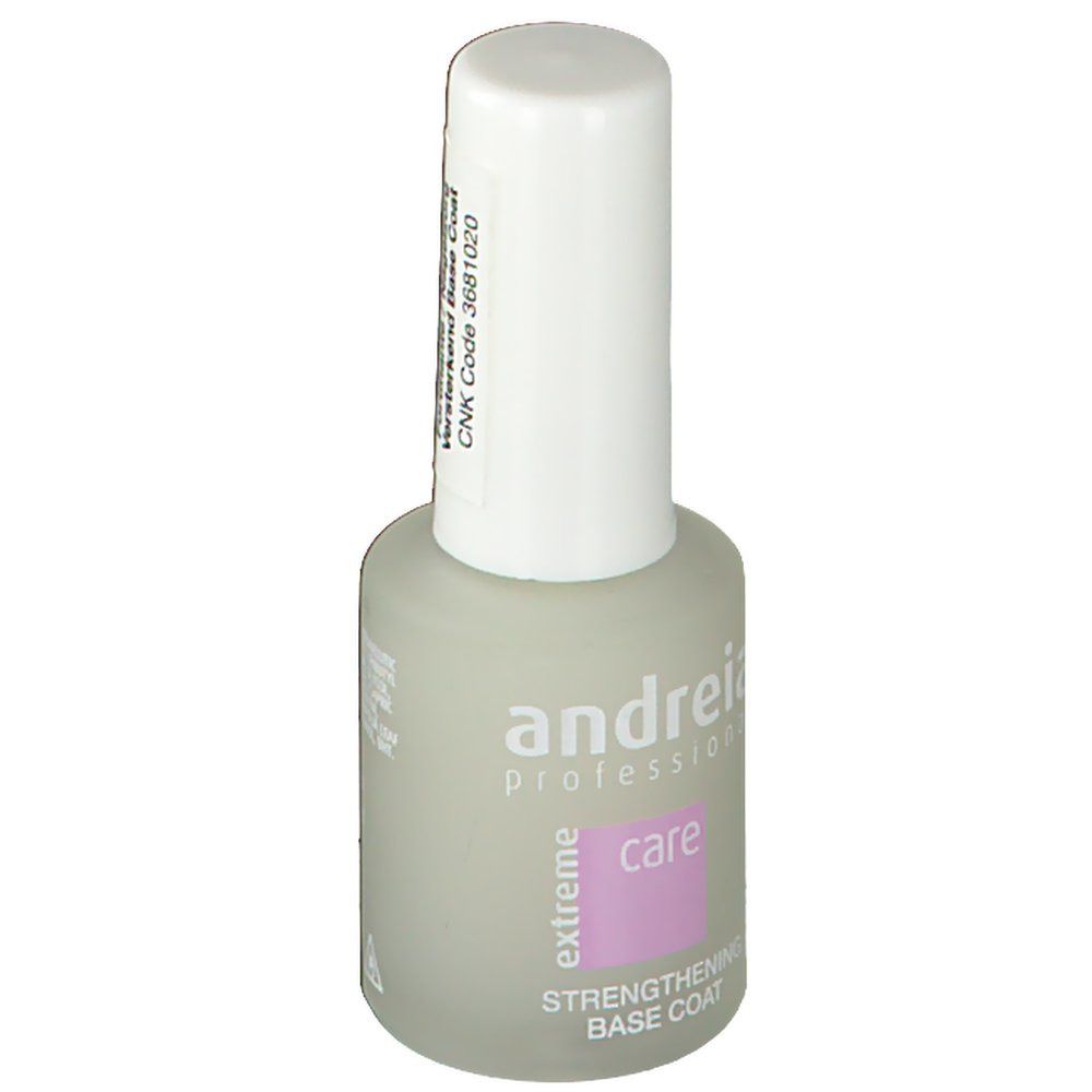 Flacon Andreia Professional Base Coat. Bouchon blanc, flacon gris avec étiquette rose. Texte: extreme care, Strengthening Base Coat.