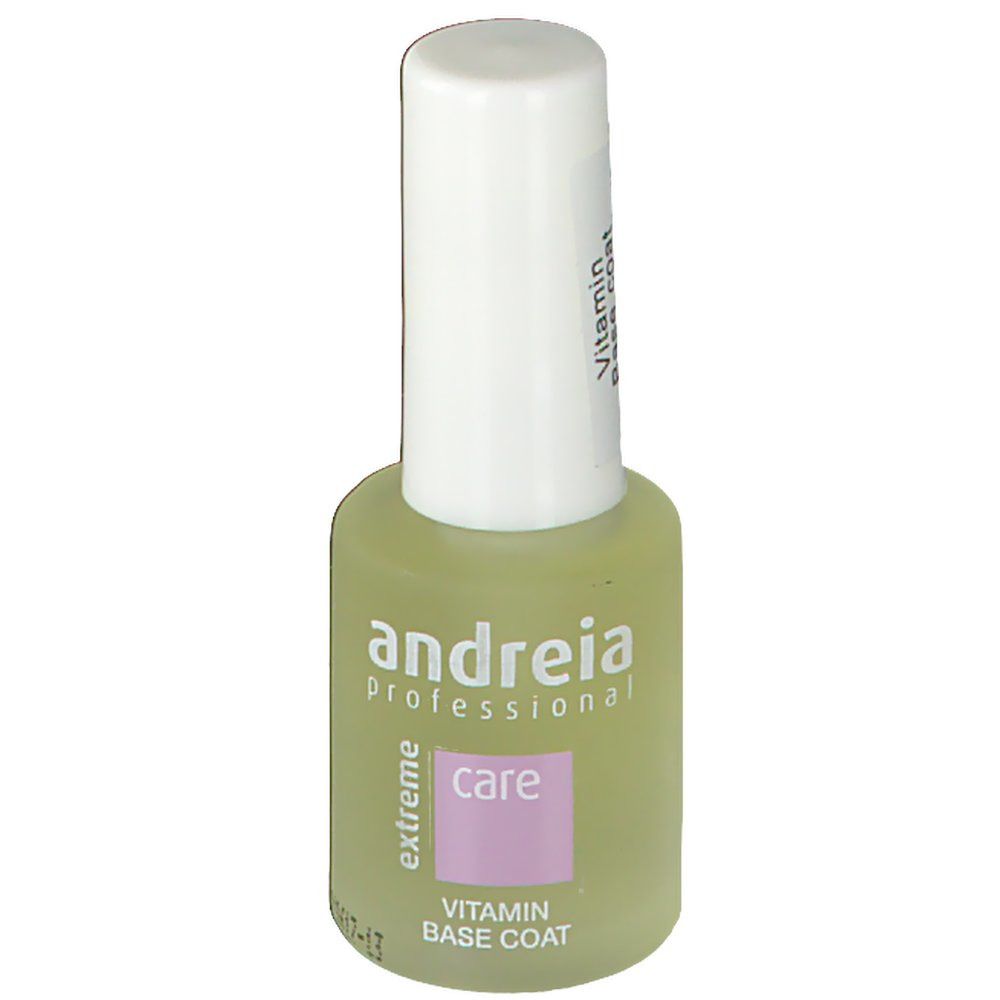 Flacon de vernis à ongles avec bouchon blanc. Inscription : andreia professional extreme care Vitamin Base Coat.