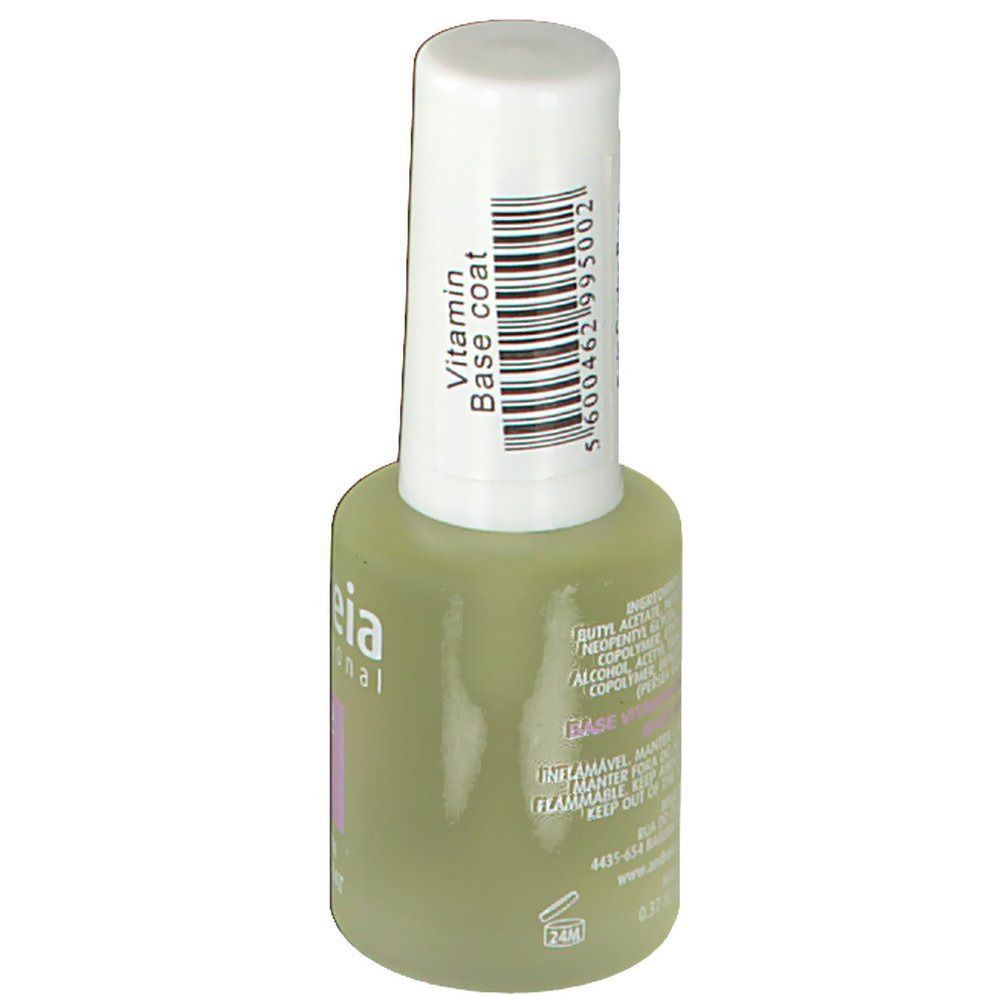 Vue arrière du flacon de vernis à ongles avec bouchon blanc. Inscription : Vitamin Base coat. Code-barres.