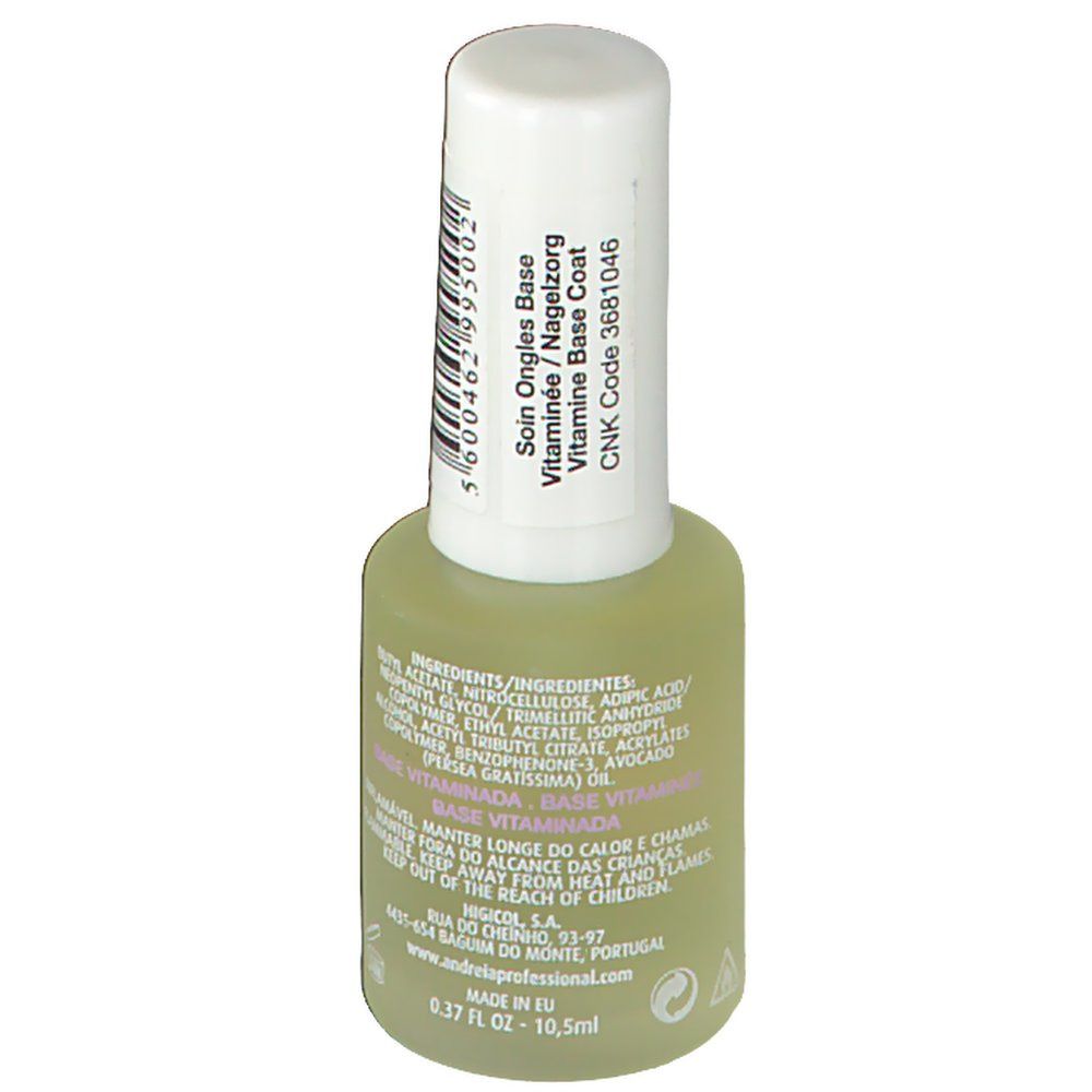 Vue arrière du flacon de vernis à ongles avec bouchon blanc. Inscription : Soin Ongles Base Vitaminée, ingrédients, CNK Code.