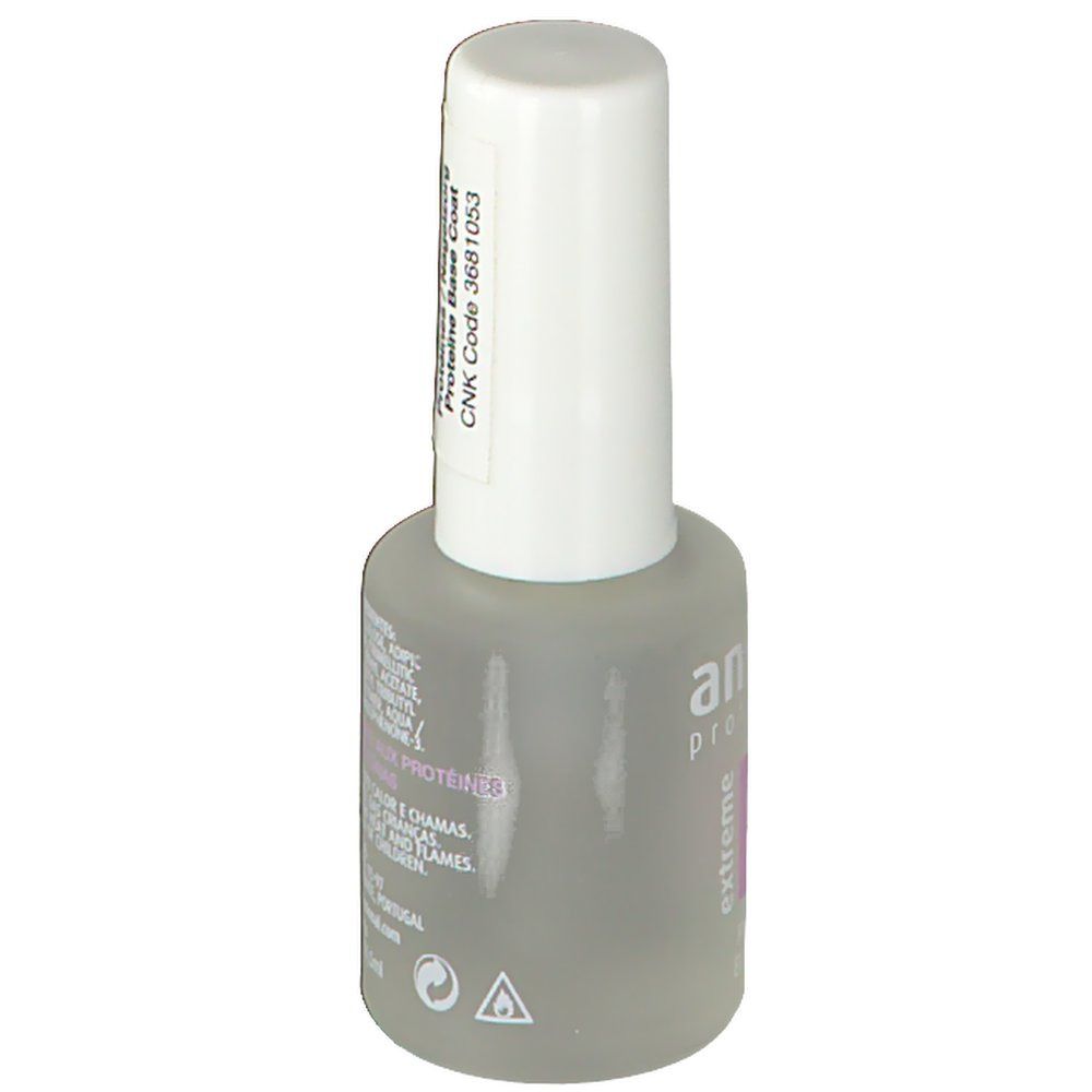 Nagellakfles met witte dop. Opschrift: Proteine Base aux Protéines. Waarschuwingen en CNK Code.