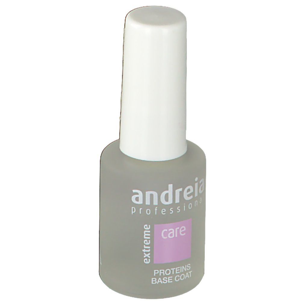 Transparante nagellakfles met witte dop. Opschrift: Andreia Professional, care, Proteine Base Coat.