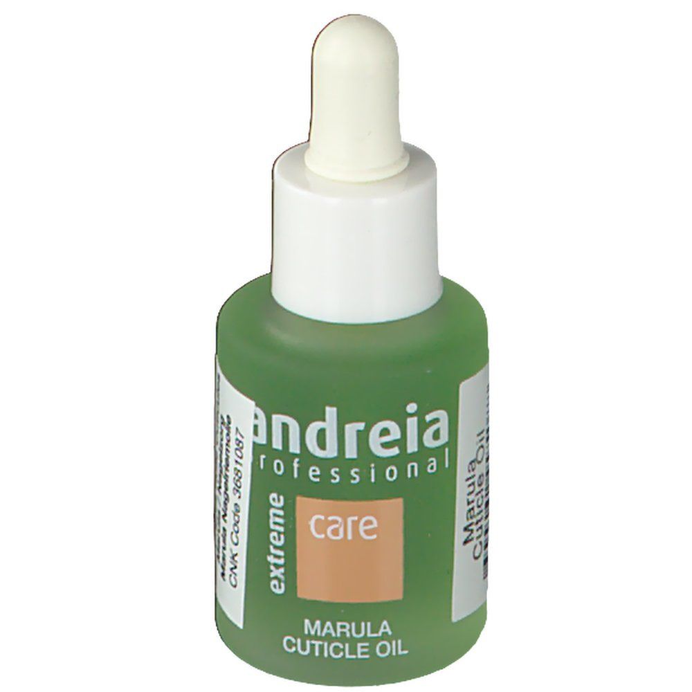 Groene fles met witte druppelaar. Opschrift: Andreia Professional, extreme care, Marula Cuticle Oil.