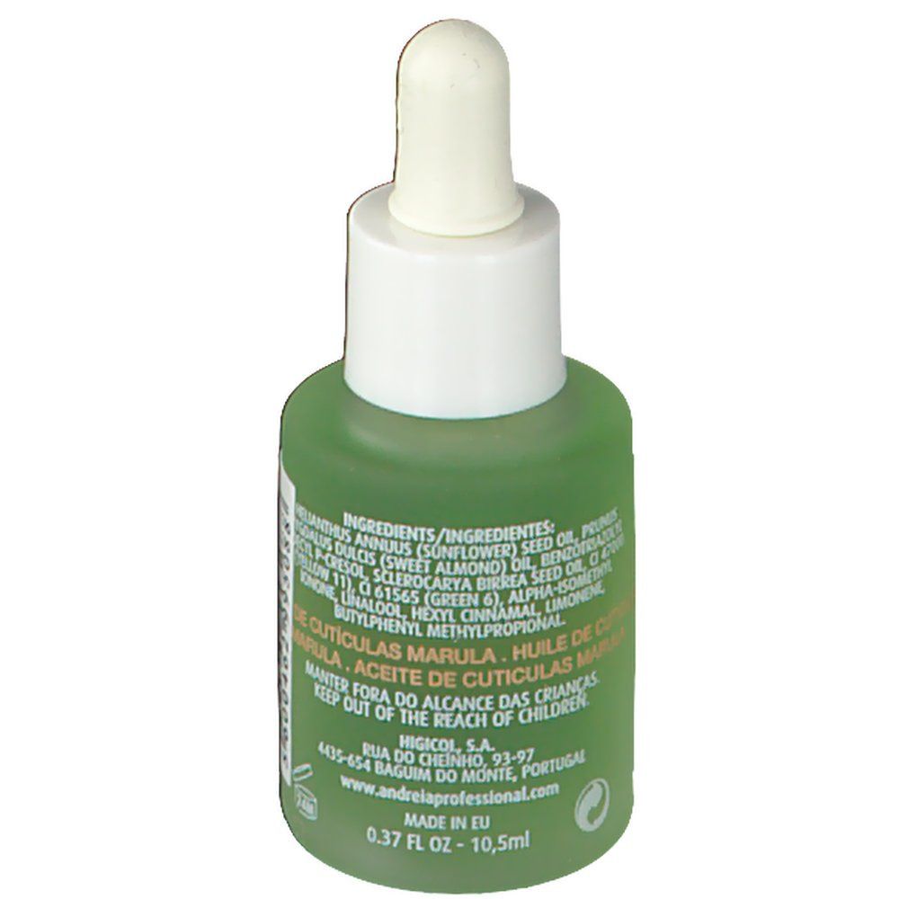 Groene fles met witte druppelaar. Achterkant met ingrediënten, adres en volume-aanduiding: 0.37 FL OZ - 10,5ml.