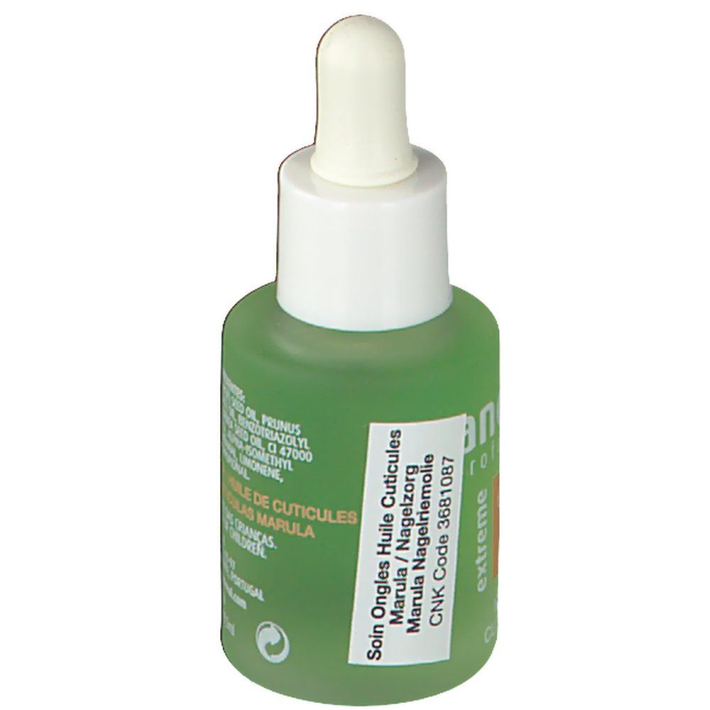 Groene fles met witte druppelaar. Sticker met tekst: Soin Ongles Huile Cuticules Marula, CNK Code 3681087.