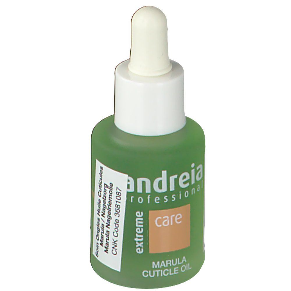 Groene fles met witte druppelaar. Opschrift: Andreia Professional, extreme care, Marula Cuticle Oil. CNK Code 3681087.