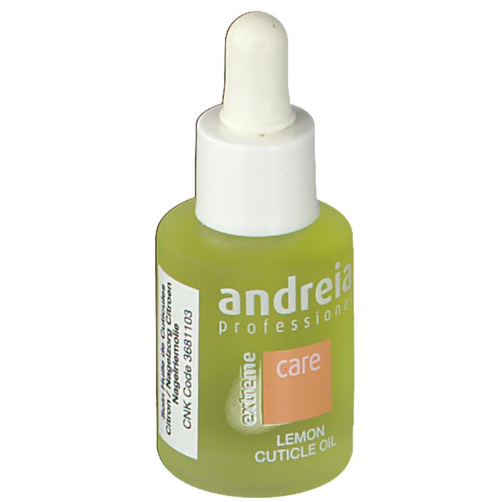 Flacon vert avec bouchon blanc et pipette. Inscription: Andreia Professional, Lemon Cuticle Oil.