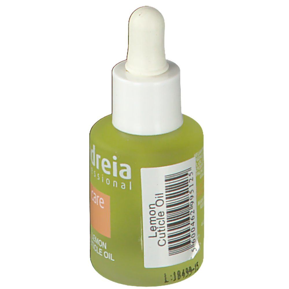 Flacon vert avec bouchon blanc et pipette. Inscription: Lemon Cuticle Oil. Code-barres.