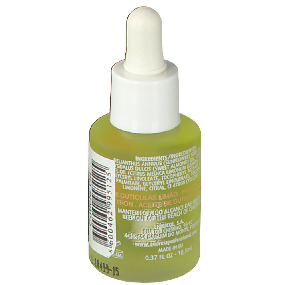 Flacon vert avec bouchon blanc et pipette. Inscription: Ingrédients, 0.37 fl oz - 10.5ml.