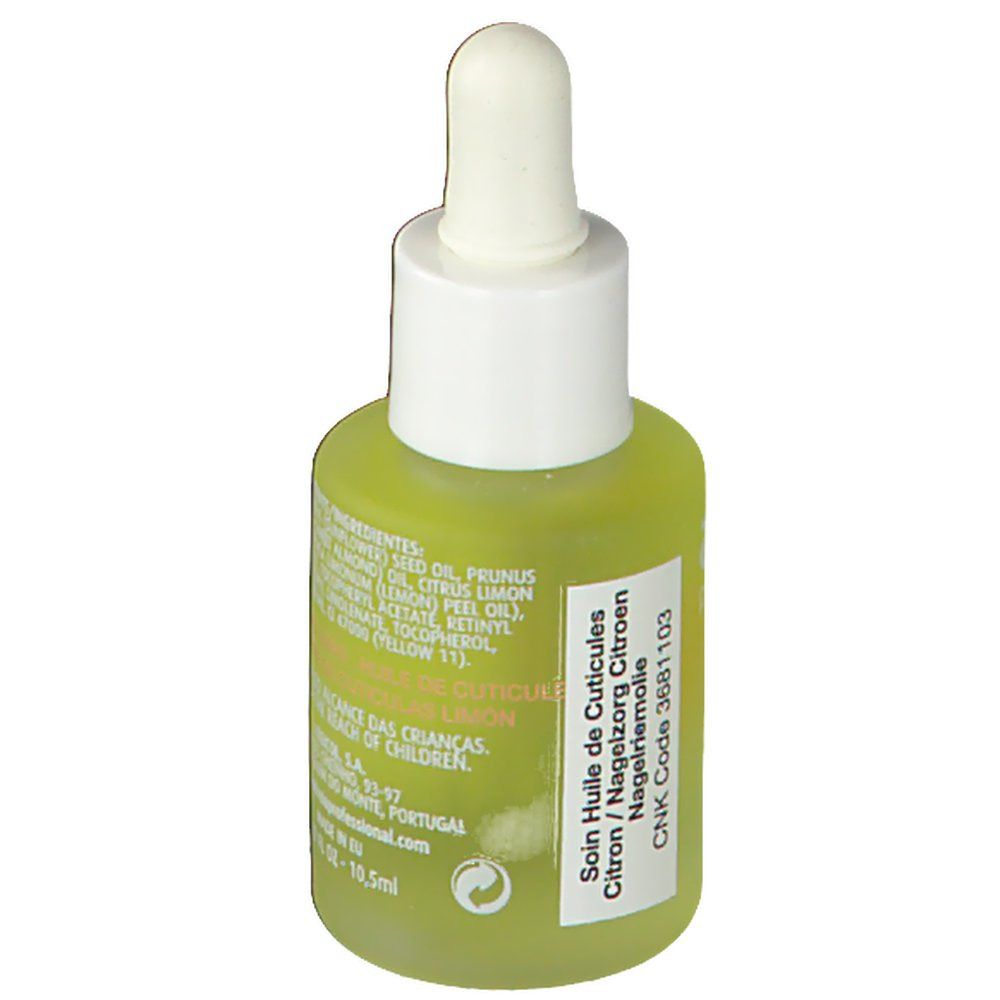 Flacon vert avec bouchon blanc et pipette. Inscription: Soin Huile de Cuticules Citron, CNK Code 3681103.