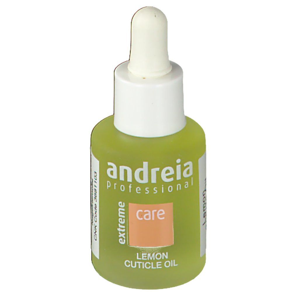Flacon vert avec bouchon blanc et pipette. Inscription: Andreia Professional, care, Lemon Cuticle Oil.