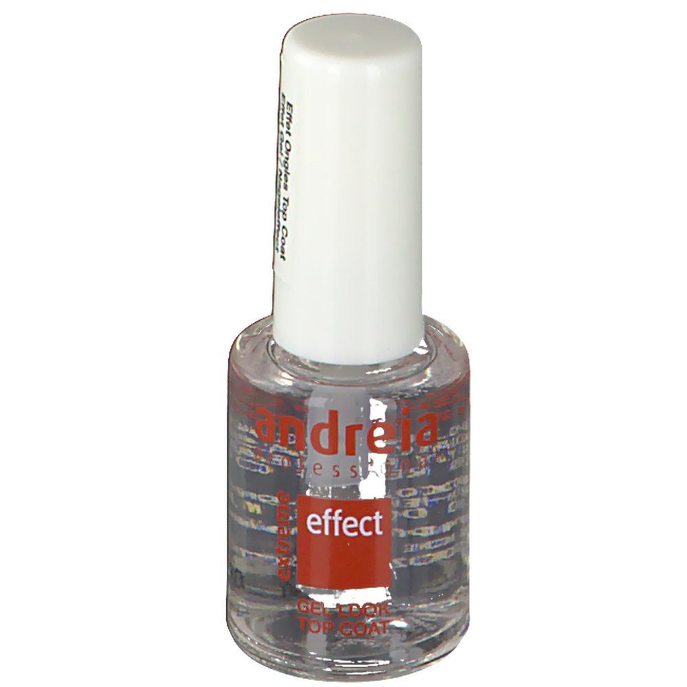 Transparante nagellakfles met witte dop. Opschrift: Andreia, effect, Gel Look Top Coat.