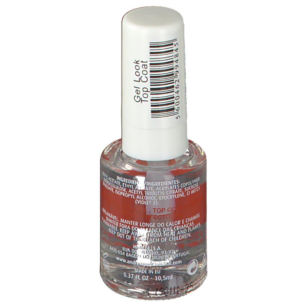 Nagellakfles, achteraanzicht. Opschrift: Gel Look Top Coat. Barcode en ingrediëntenlijst.