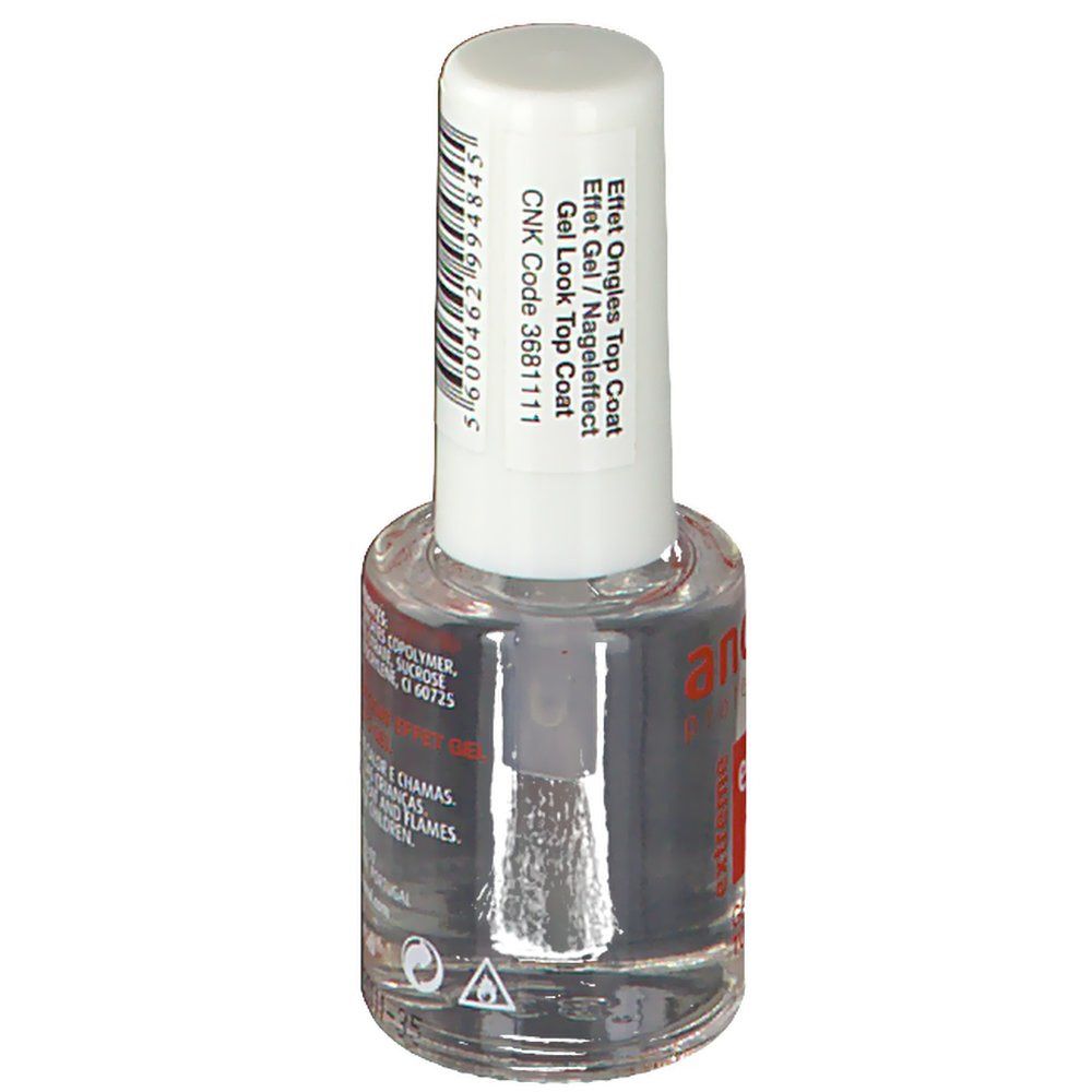 Nagellakfles met borstel. Opschrift: Effet Ongles Top Coat, CNK Code 3681111. Barcode.
