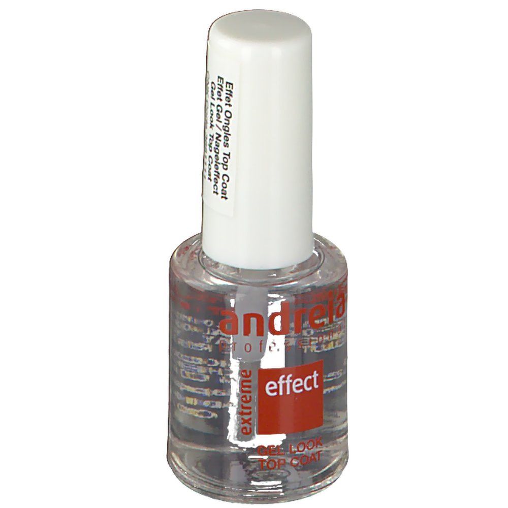 Transparante nagellakfles met witte dop. Opschrift: Andreia, effect, extreme, Gel Look Top Coat.