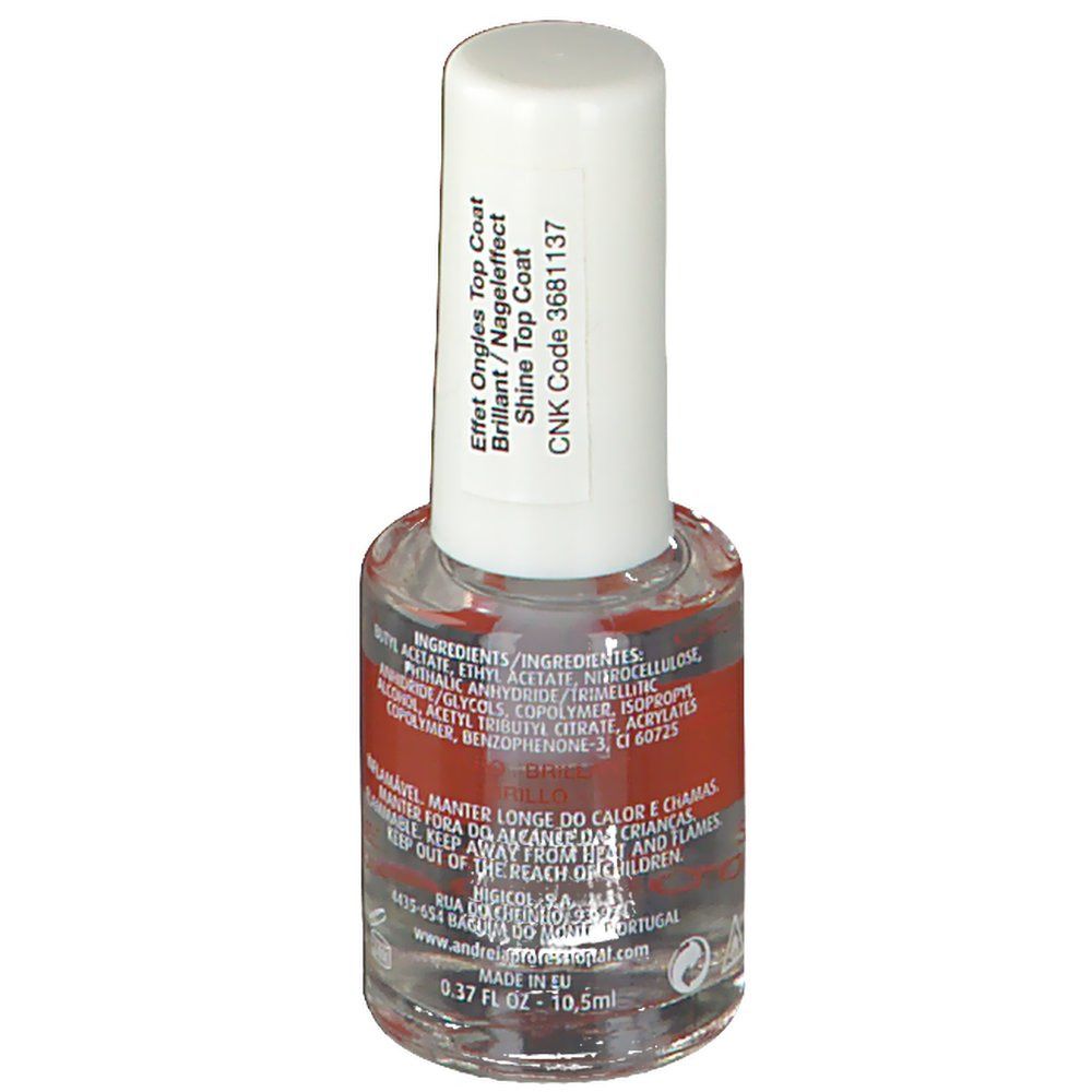 Transparante nagellakfles met witte dop. Etiket met tekst en ingrediënten. Volume: 10,5 ml.