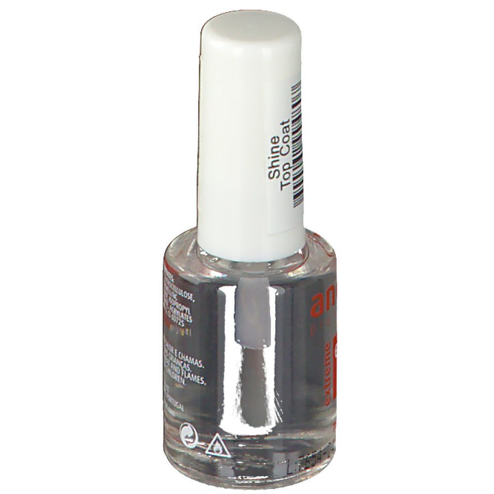 Transparante nagellakfles met witte dop. Sticker met tekst. Penseel zichtbaar. Veiligheidssymbool.