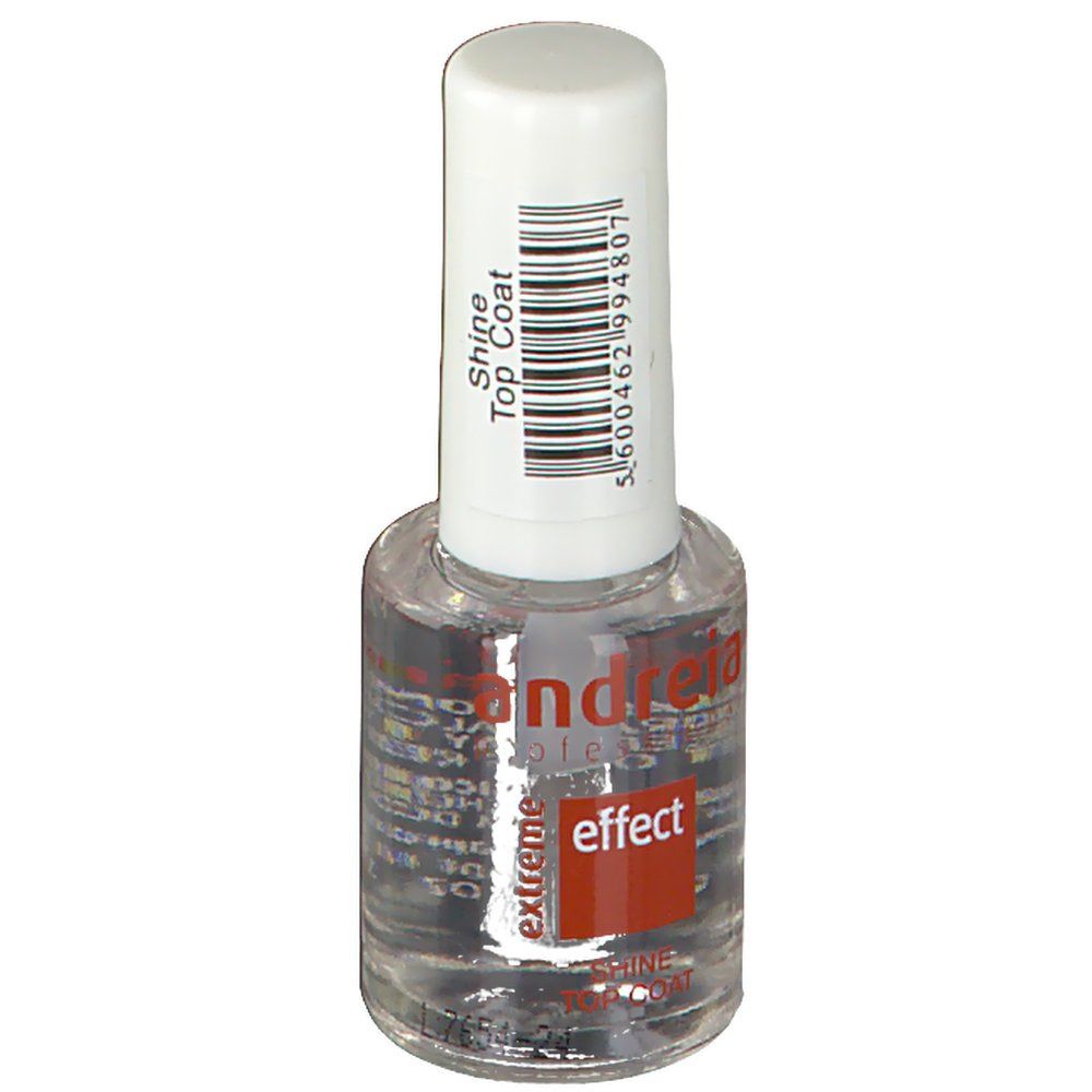 Transparante nagellakfles met witte dop. Streepjescode op de dop. Rode sticker met tekst.