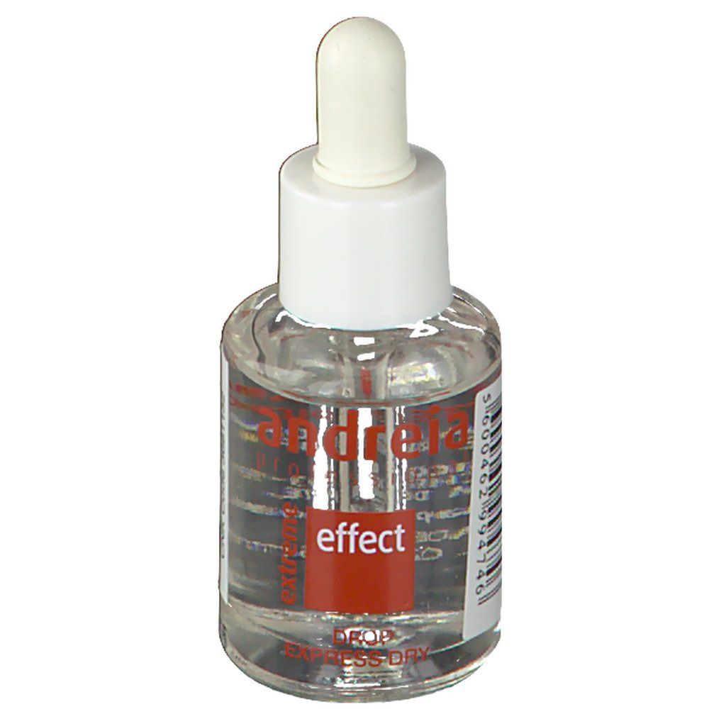 Transparante glazen fles met witte dop en pipet. Rode sticker met 'effect' en 'DROP EXPRESS DRY'.