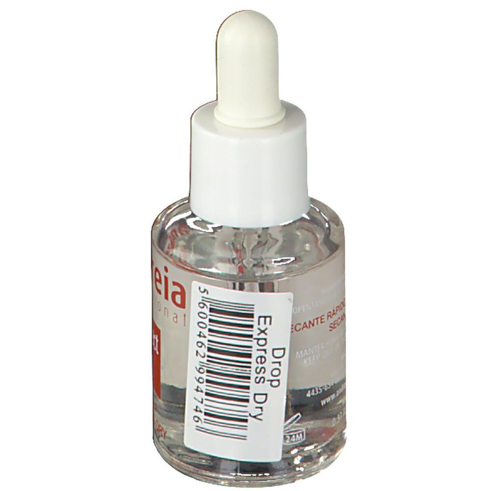 Transparante vloeistofcontainer met witte dop en pipet. Etiket met barcode en tekst: 'DROP Express Dry'.