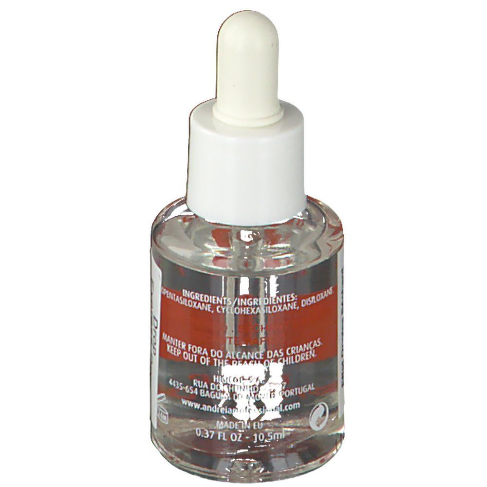 Transparante fles met witte dop en pipet. Etiket met ingrediënten en waarschuwingen. Volume: 0.37 FL OZ - 10.5ml.