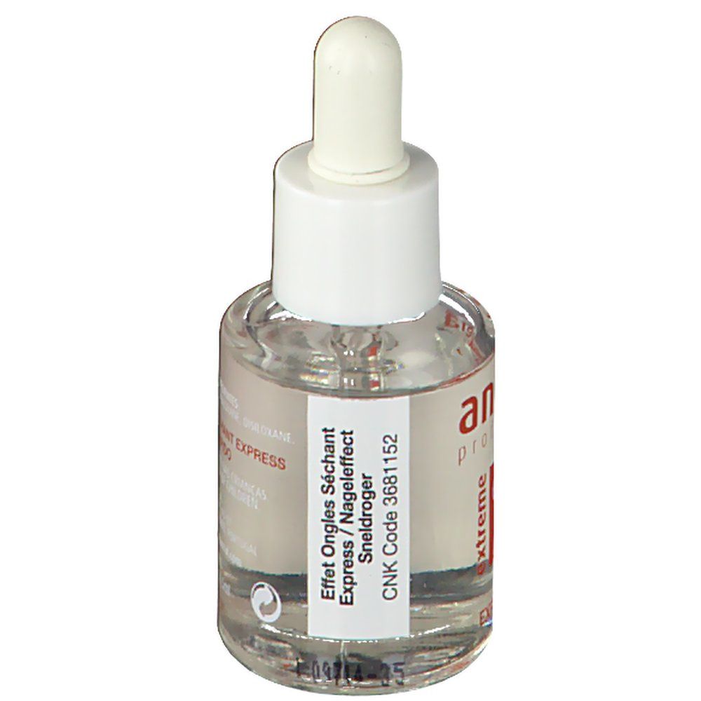 Transparante vloeistofcontainer met witte dop en pipet. Etiket met tekst: 'Effet Ongles Séchant Express / Nageldroger'.