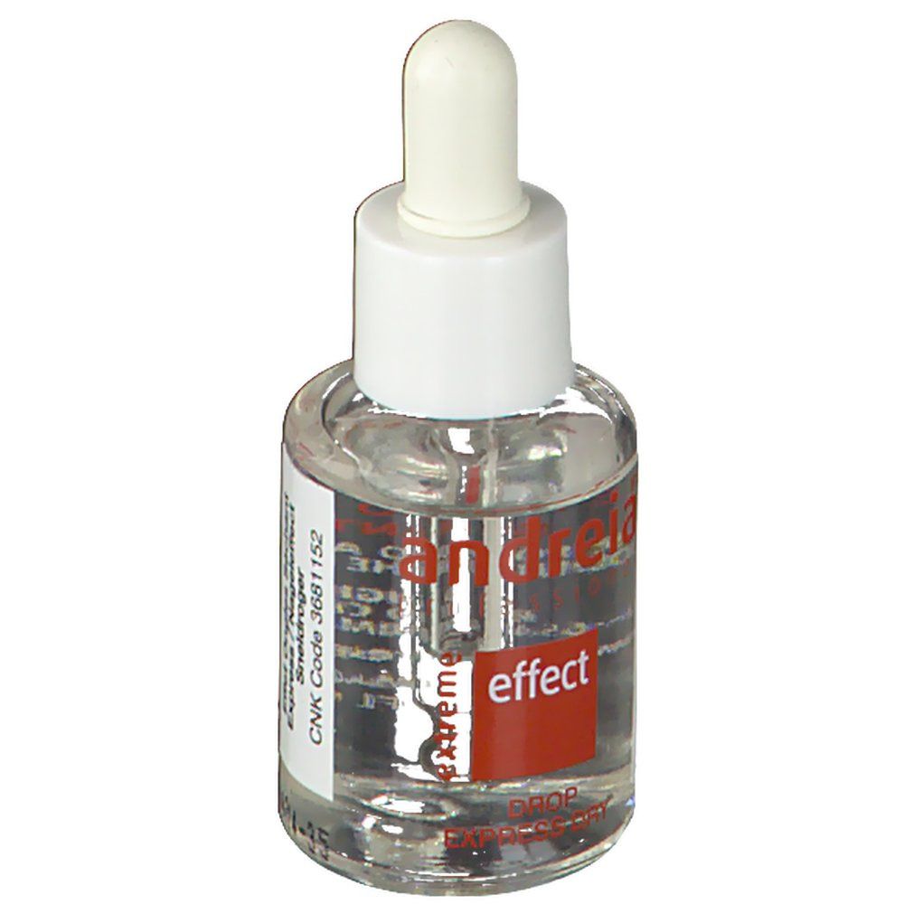 Transparante vloeistofcontainer met witte dop en pipet. Rode sticker met 'andreia' en 'effect'. Tekst: 'DROP EXPRESS DRY'.