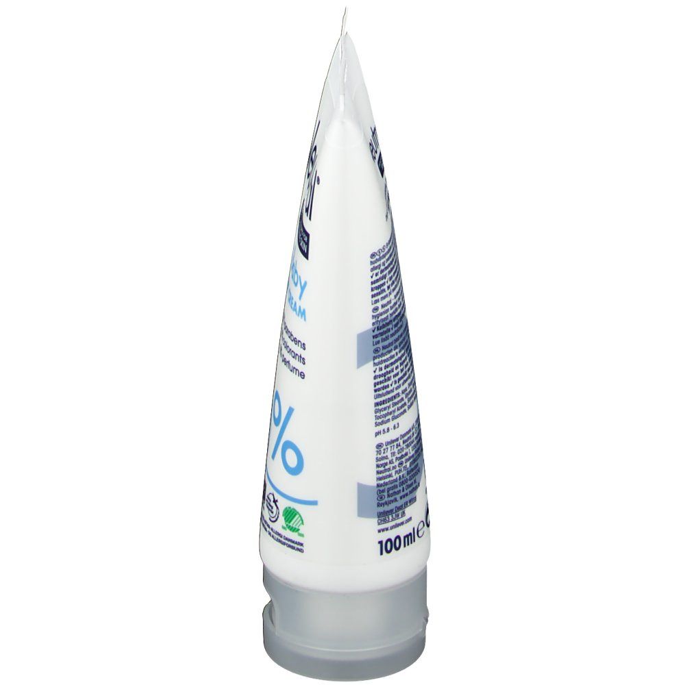 Tube blanche, Neutral® Baby Körpercreme, 100 ml. Vue latérale. Impression bleue, sceaux.