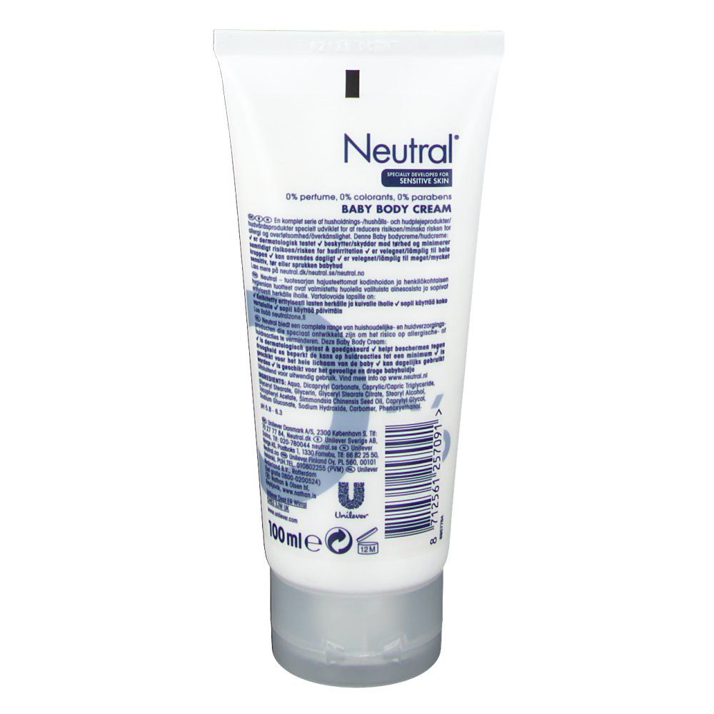 Tube blanc, Neutral® Baby Körpercreme. Dos avec texte. 100 ml. Logo Unilever.