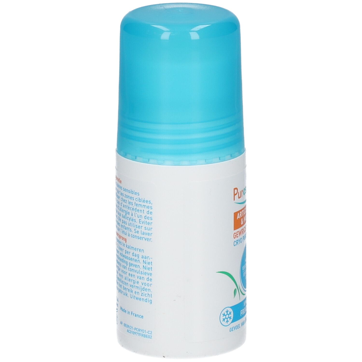 Witte roller met blauwe dop. Opschriften en tekst in meerdere talen. Gemaakt in Frankrijk.