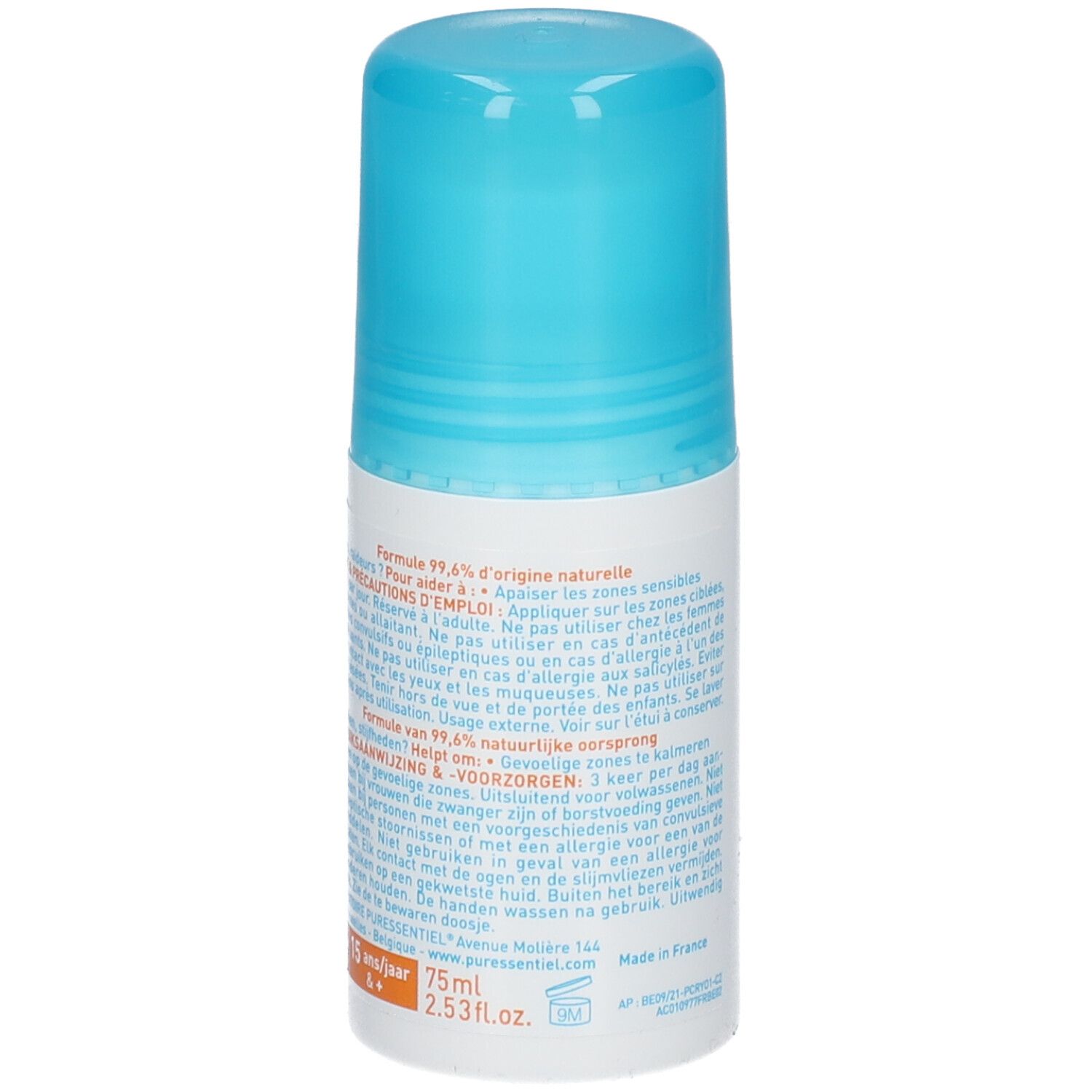 Witte roller met blauwe dop. Opschriften en tekst in meerdere talen. Volume: 75ml.