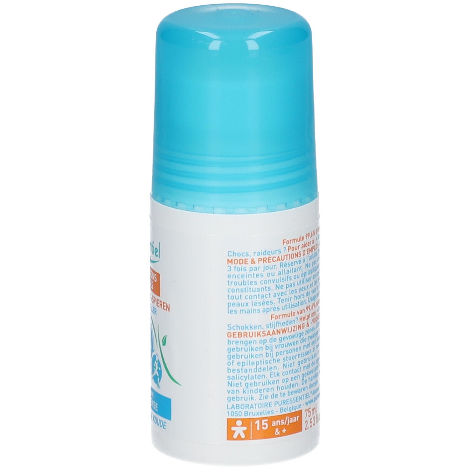 Witte roller met blauwe dop. Opschriften en tekst in meerdere talen. Vanaf 15 jaar.