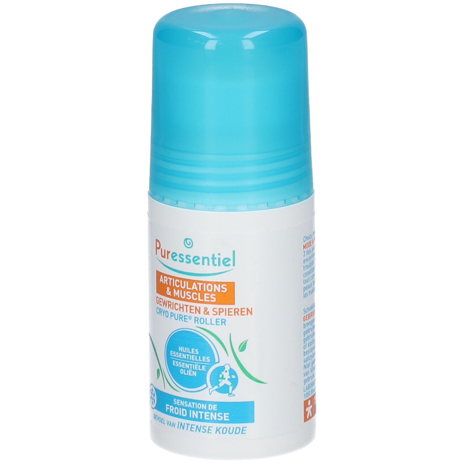 Witte roller met blauwe dop. Opschrift: Puressentiel, Articulations & Muscles, Cryo Pure Roller. Met roll-on applicator.