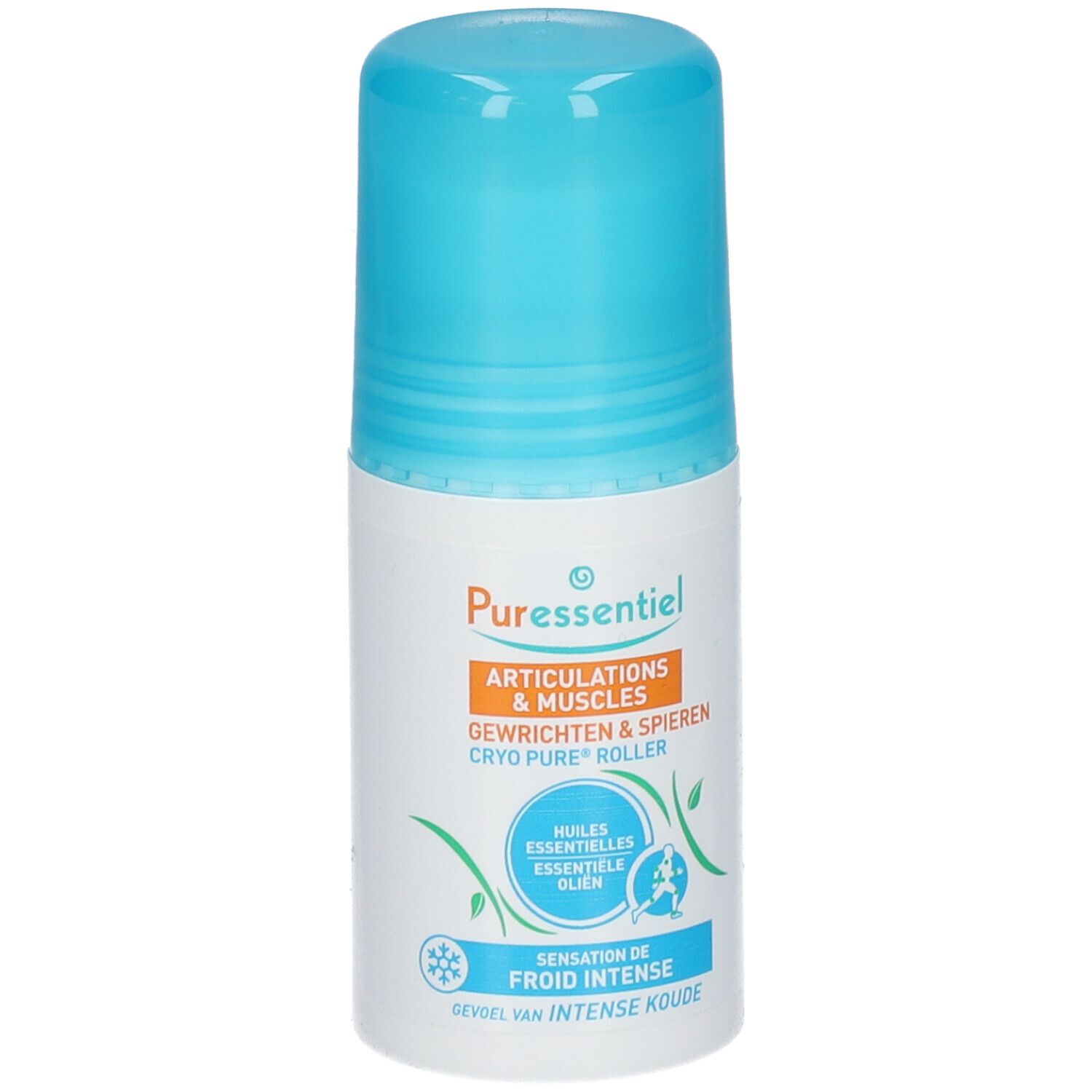 Witte roller met blauwe dop. Opschrift: Puressentiel, Articulations & Muscles, Cryo Pure Roller. Met roll-on applicator.