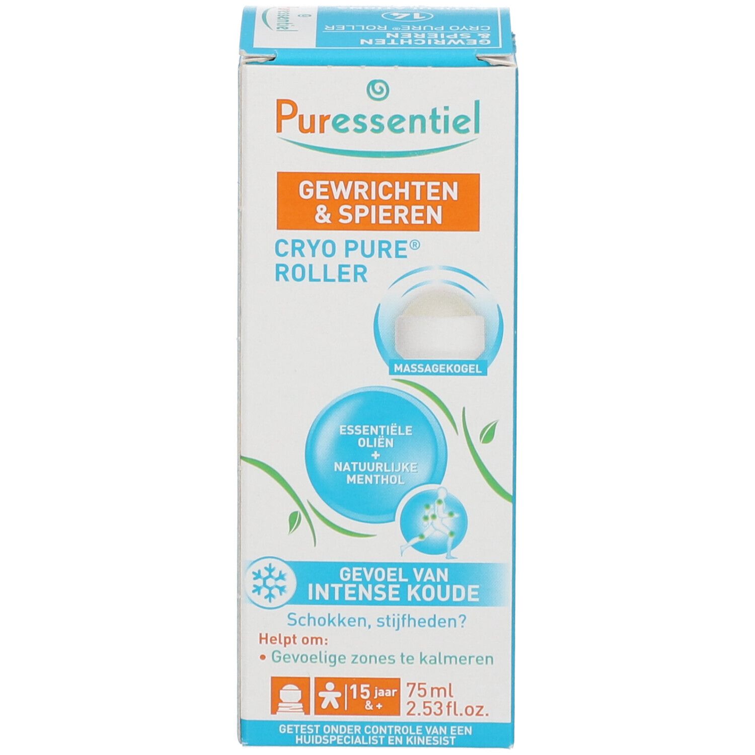 Productverpakking. Opschrift: Puressentiel, Articulations & Muscles, Cryo Pure Roller. Met roll-on applicator.