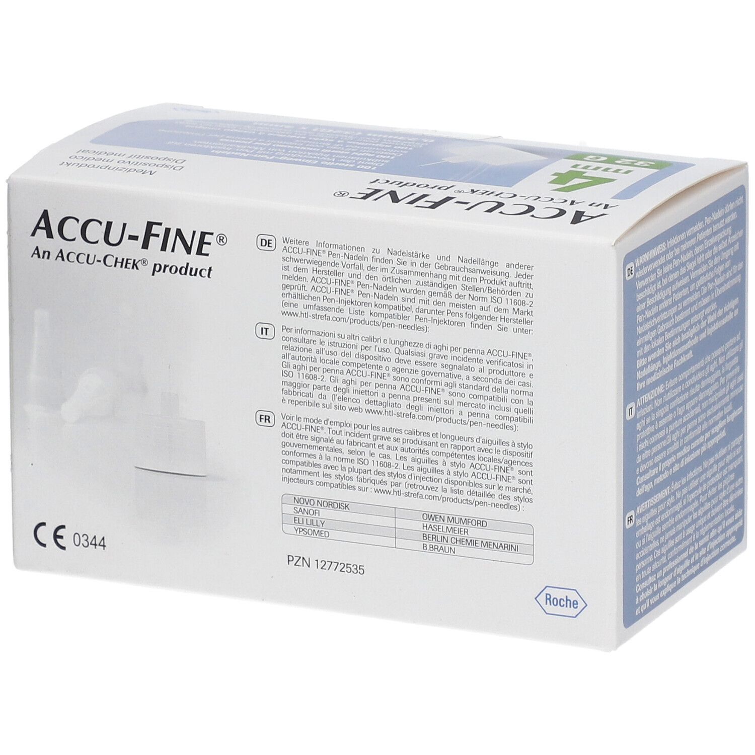 Achterkant van de verpakking van ACCU-FINE® naalden. Meertalige tekst. CE-markering.