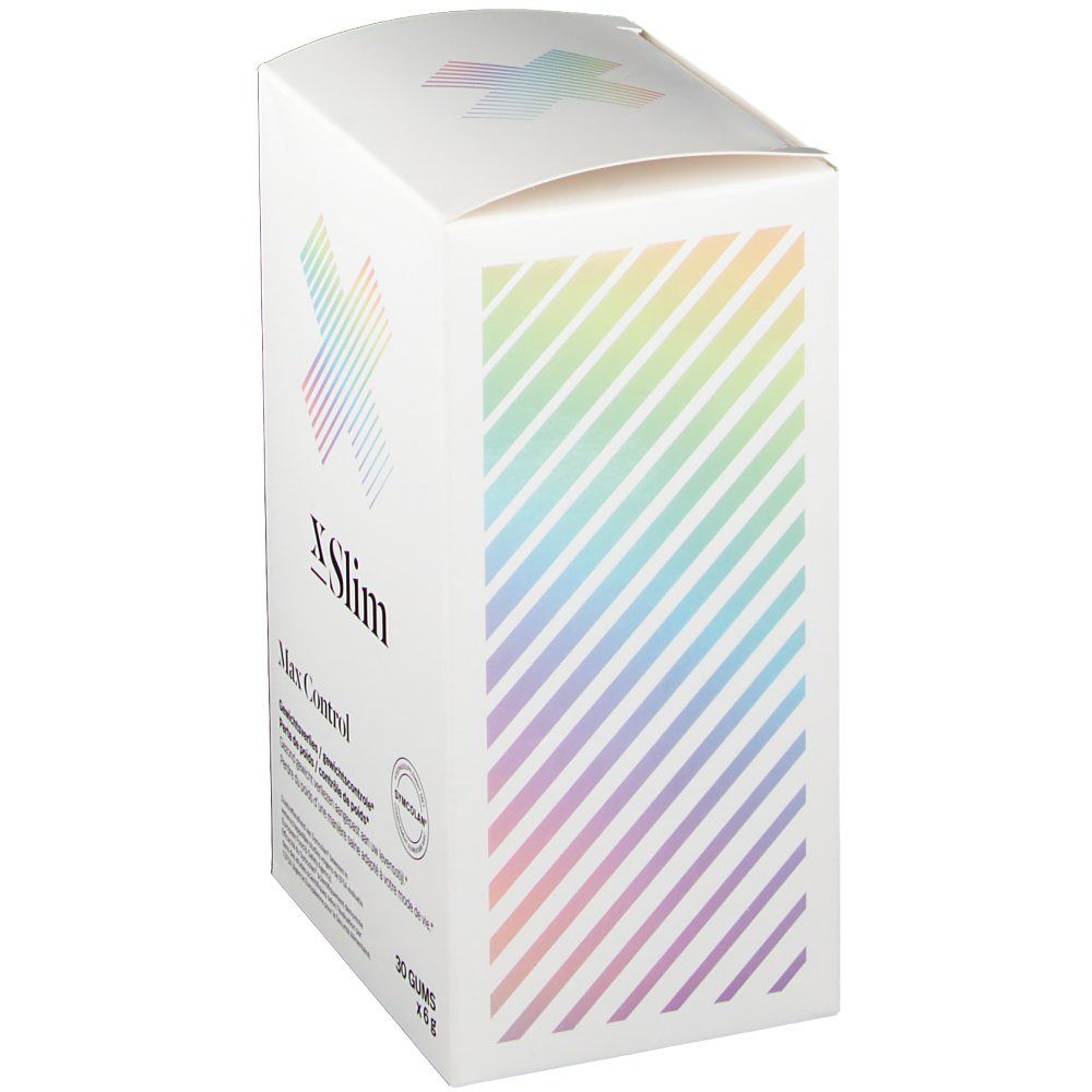 Witte verpakking met gekleurd X-Slim logo en Max Control tekst. Diagonale gekleurde strepen. 30 gums, 6g.