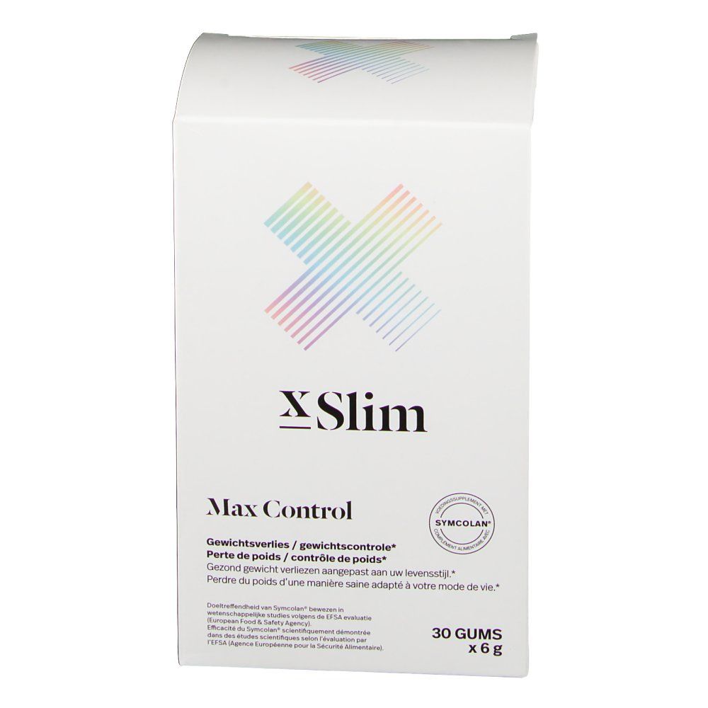 Witte verpakking met gekleurd X-Slim logo en Max Control tekst. Diagonale gekleurde strepen. 30 gums, 6g.