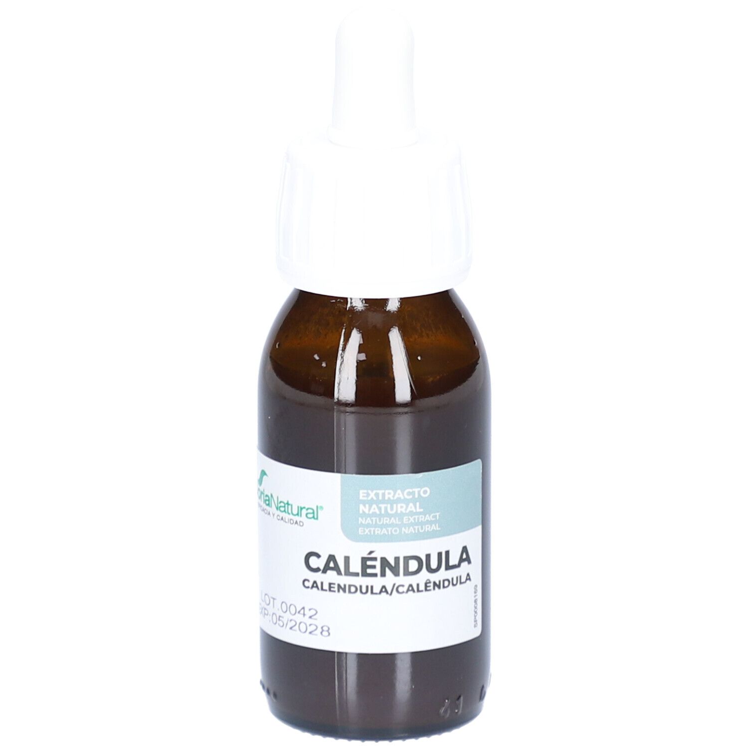 Bruine glazen fles met witte druppelaar. Opschrift: CALÉNDULA, Extrato Natural. Etiket met tekst.