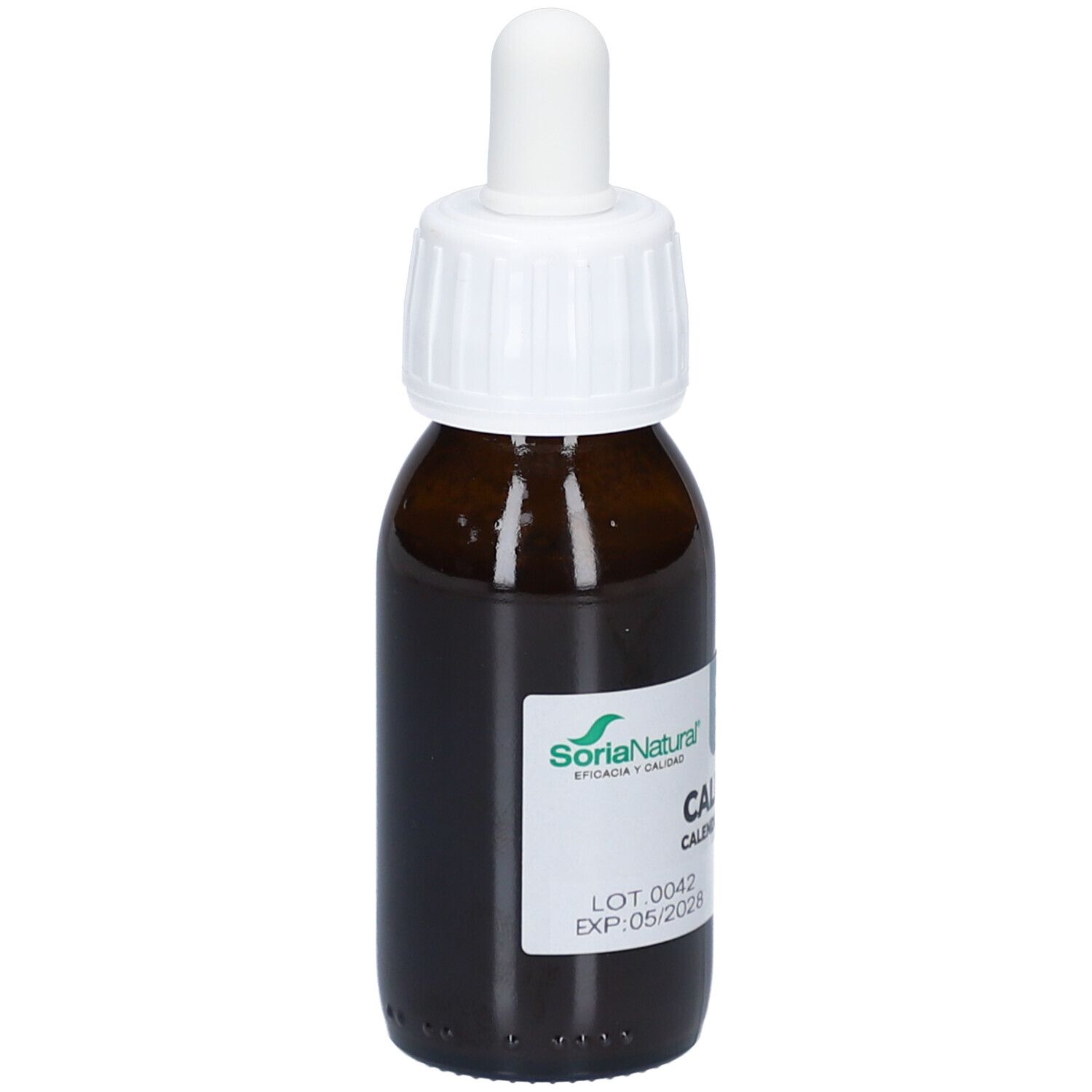 Bruine glazen fles met witte druppelaar. Opschrift: CALÉNDULA, Extrato Natural. Logo SoriaNatural. Etiket.